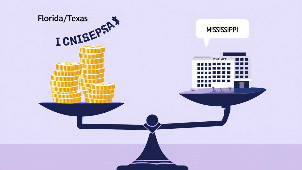 A financial scale comparing high medical costs in Florida and Texas versus low costs in Mississippi.