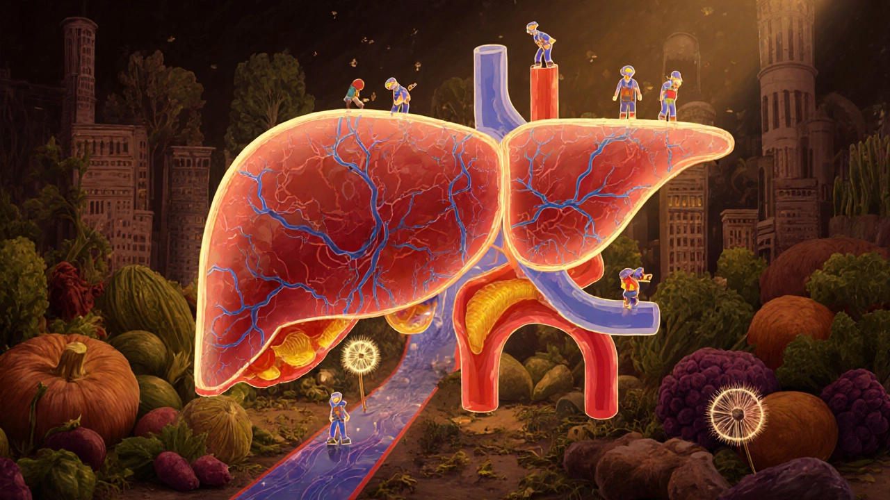 An artistic liver cityscape with antioxidant workers repairing damage amid wholesome herbs and vegetables.