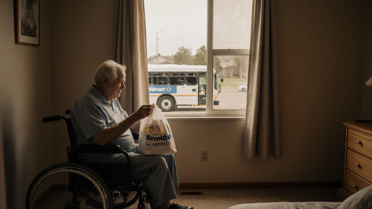 An elderly patient sitting in a modest apartment with Walmart groceries and a hospital shuttle outside.