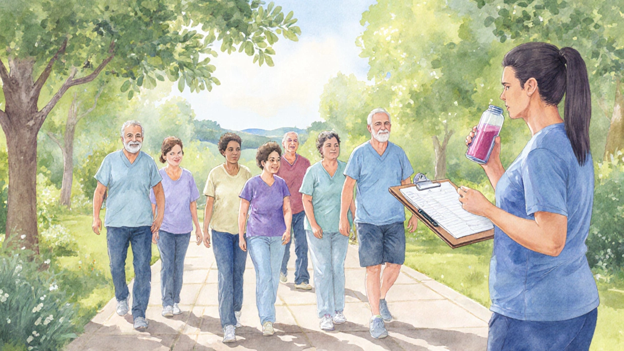 Cardiac rehab class walking outdoors with a trainer, emphasizing recovery and nutrition.