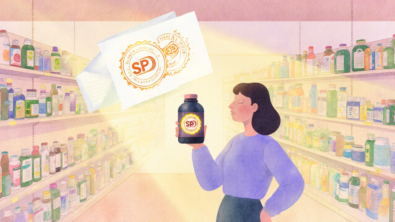 Consumer selecting supplement bottle with glowing USP/NSF seal in store aisle.