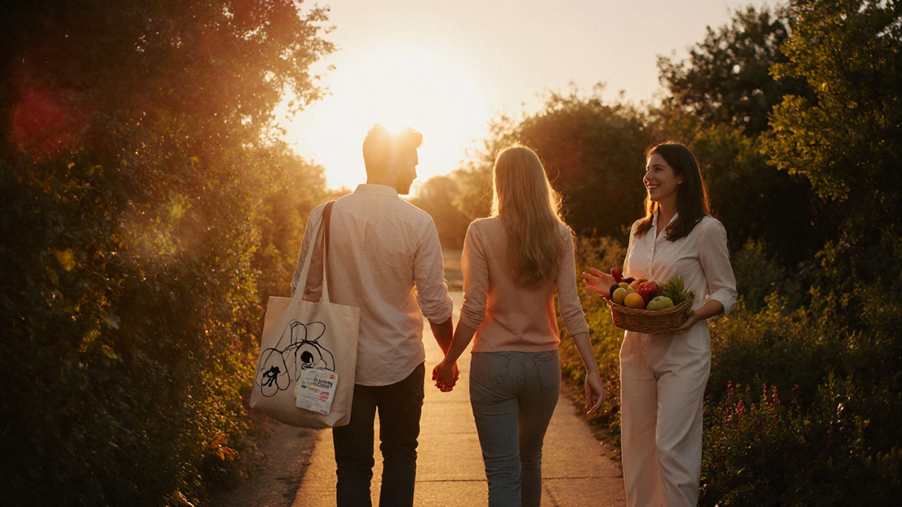 Couple walks toward sunrise in a garden, carrying hopeful symbols after IVF denial.