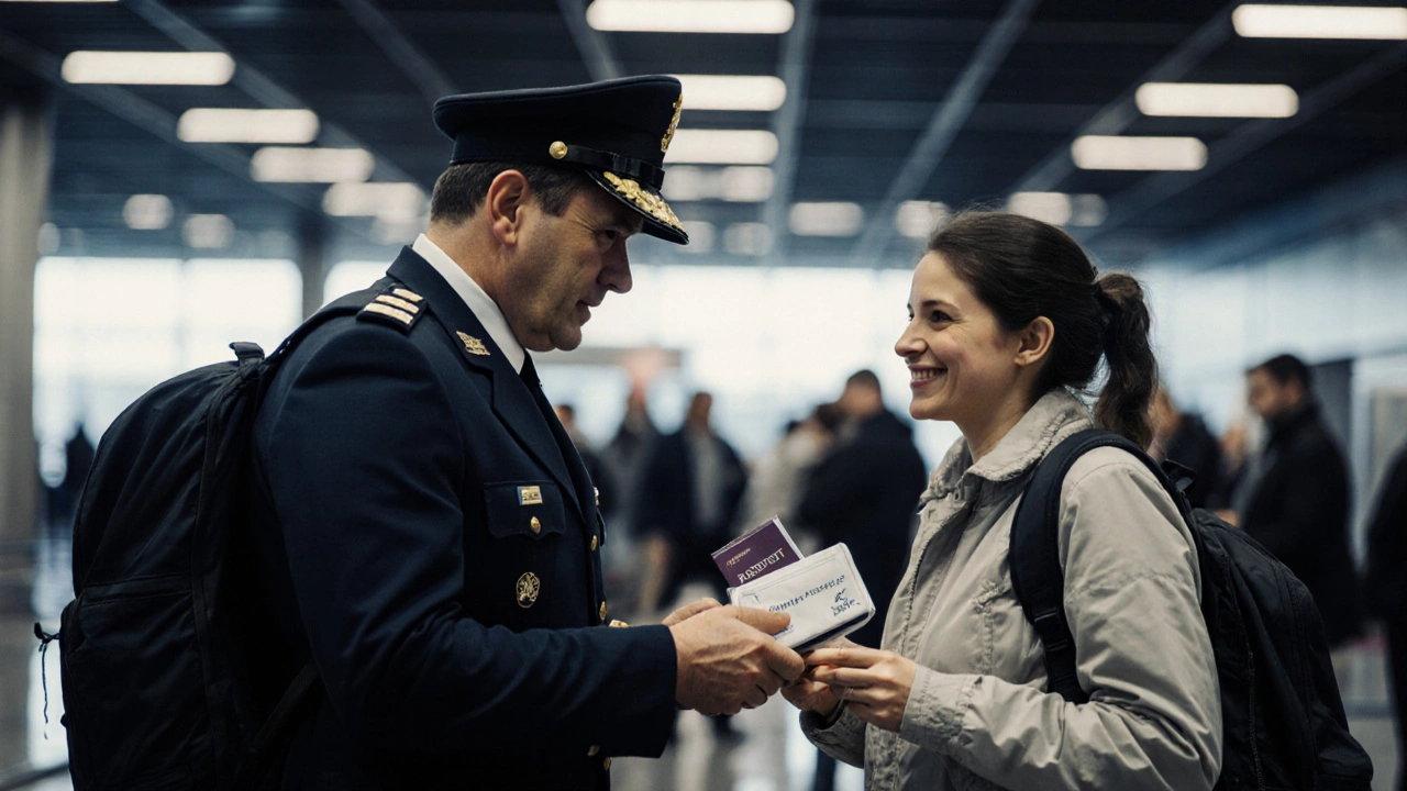 Customs officer checking medication passport and bag at checkpoint.