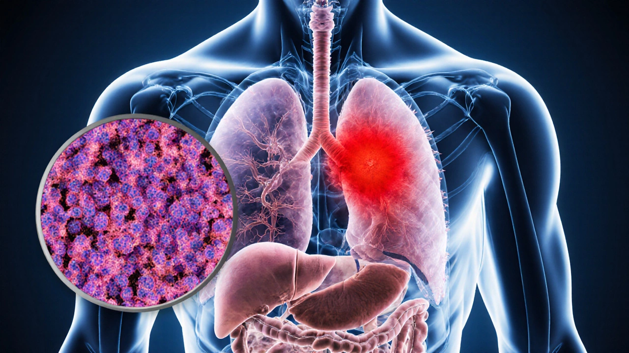 Detailed illustration of aggressive tumors in pancreas, lung, brain and liver.