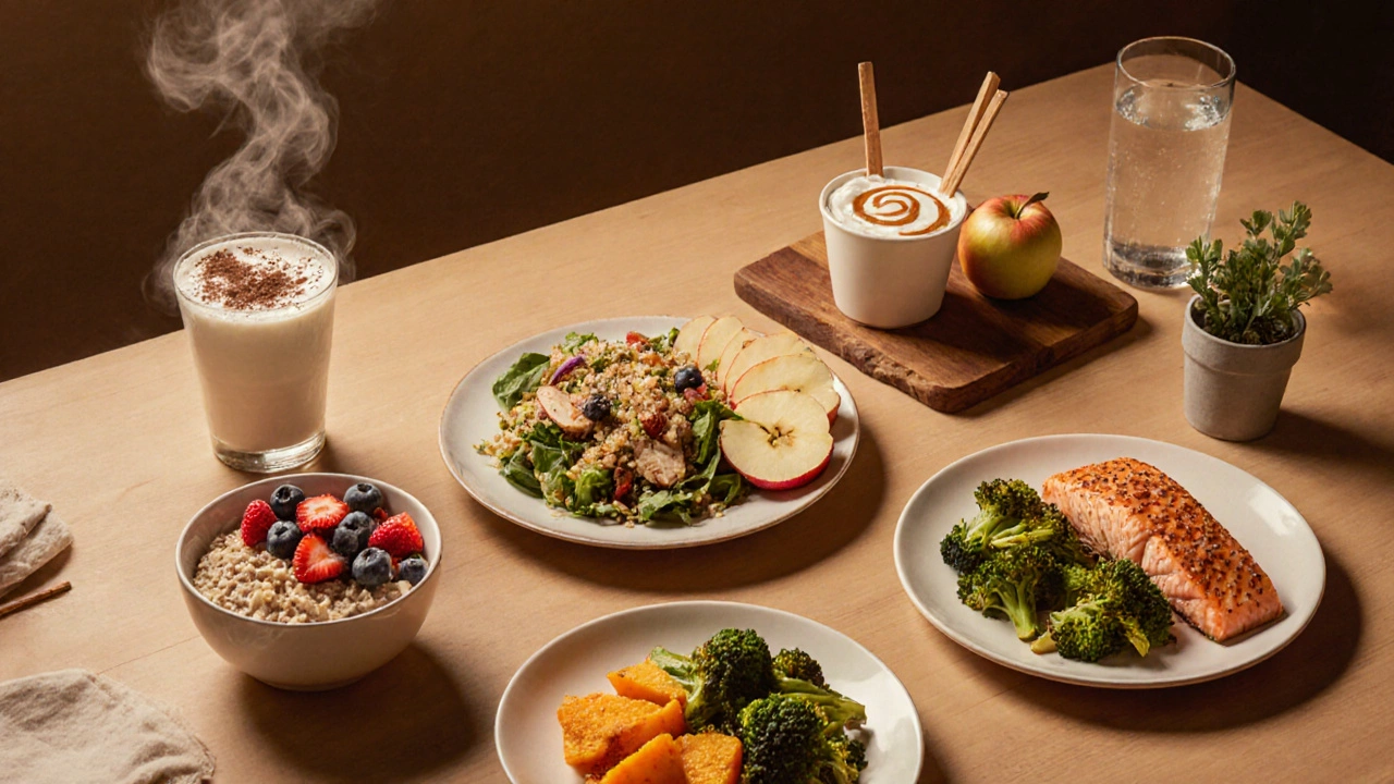 Dinner table displaying a full day of 40‑30‑30 meals: oatmeal, yogurt, salad, apple, and salmon.