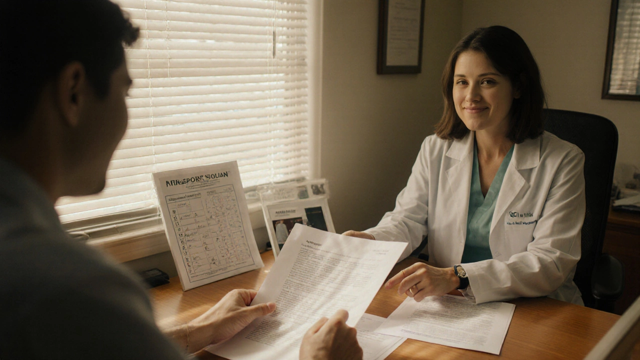 Doctor and patient reviewing lab results and a physician letter in a sunlit office, appearing hopeful.