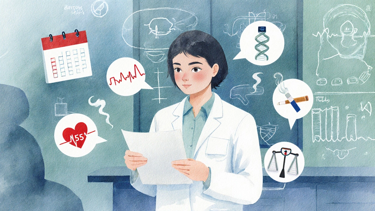 Doctor reviews patient profile surrounded by icons for age, health, genetics, smoking, and BMI.