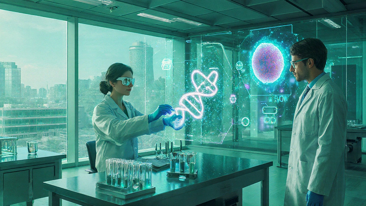 Futuristic Mayo Clinic lab with scientists, holographic AI diagnostics, and sustainability visuals.
