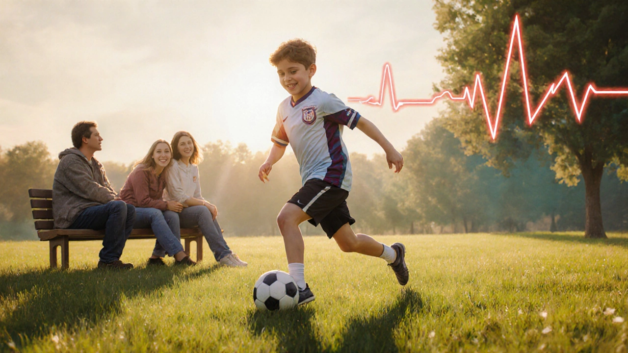 Healthy teenager playing soccer with supportive parents watching, under warm sunlight.