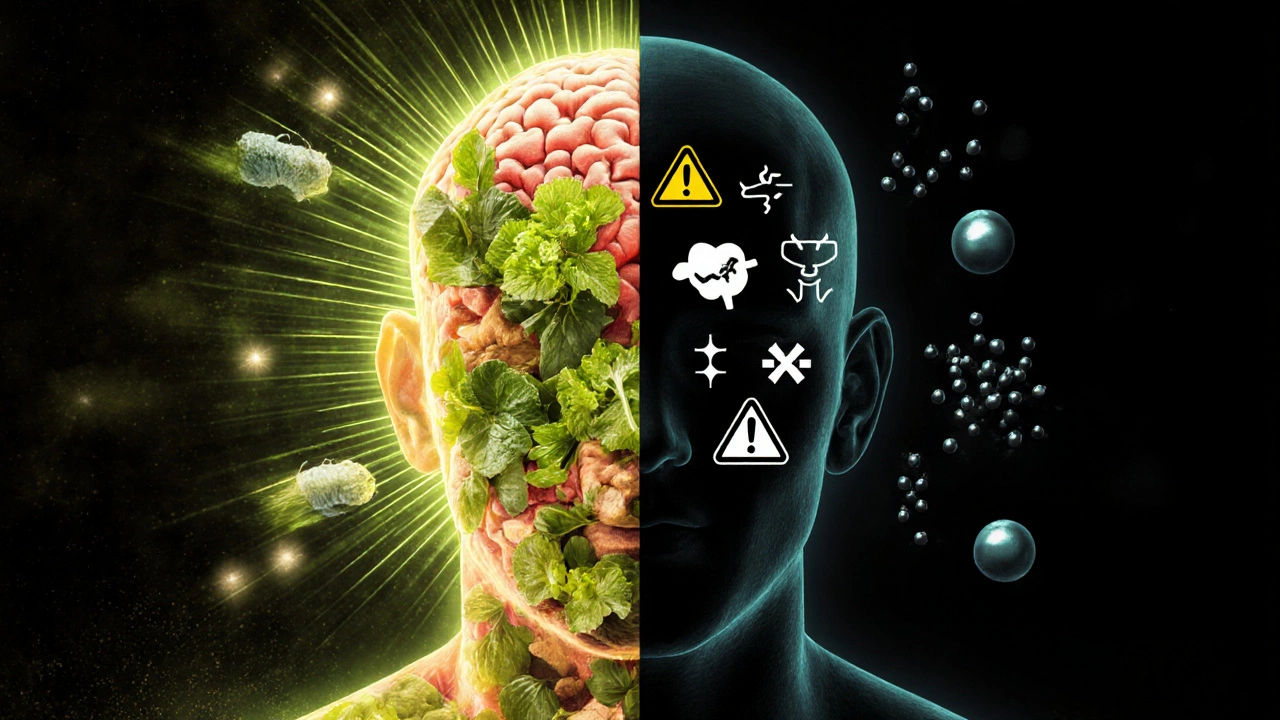 Human figure divided between healing herbs and health risk symbols