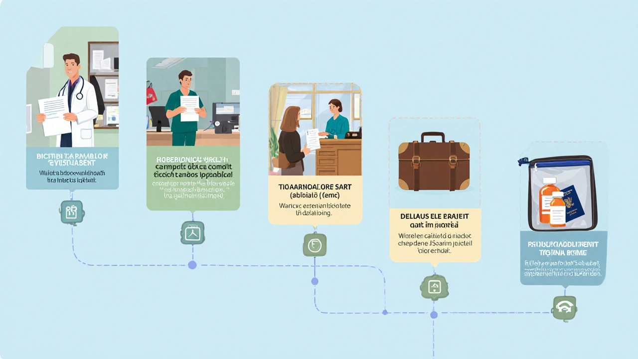 Illustrated step‑by‑step flow: doctor, notary, translation, packed meds.