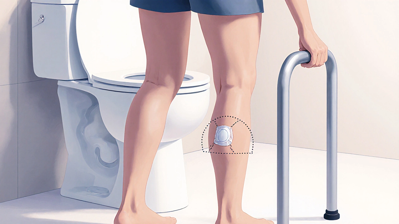 Illustration of a person using a grab bar to lower onto a raised toilet seat with knee bent at about 90°.