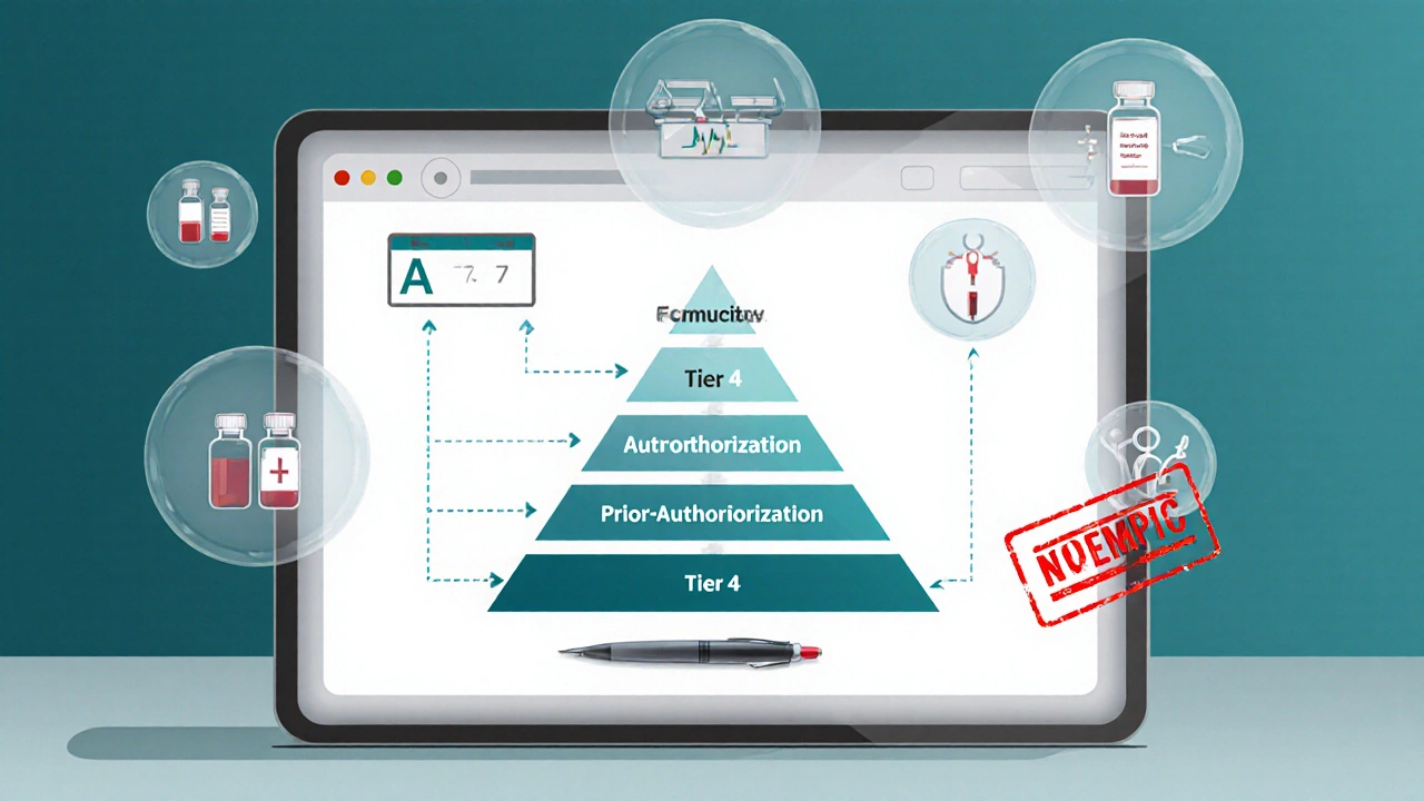 Illustration of insurance approval process with formulary tiers, prior authorization, and step‑therapy icons.