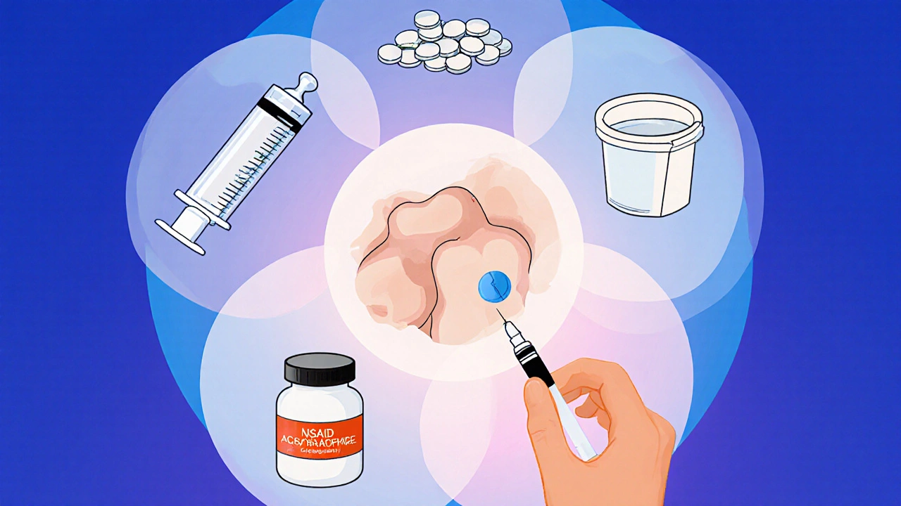 Illustration of layered pain‑relief methods: nerve block, pills, opioid capsule, local anesthetic.
