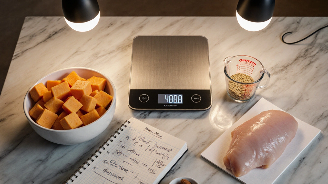 Kitchen workspace with scale, notebook, and measured portions of sweet potato, chicken, and nuts.