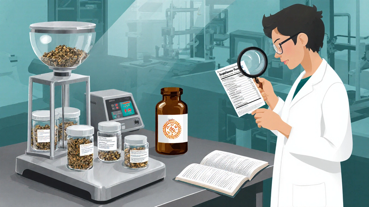Lab technician examining supplement bottle beside monograph book and verification seal.