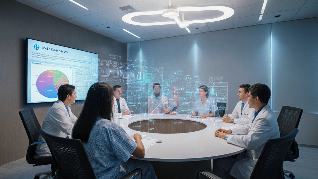 Multidisciplinary medical team gathered around a patient chart in a bright Mayo Clinic conference room.
