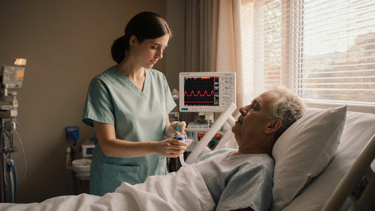Patient in ICU receiving chest physiotherapy from a nurse, with monitors and soft morning light.