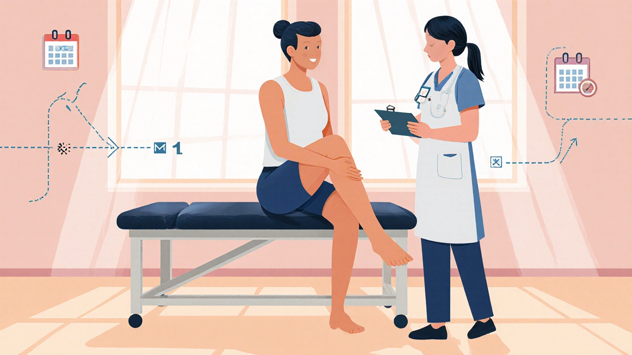 Patient performing gentle physiotherapy exercises with therapist, warm lighting suggesting recovery.