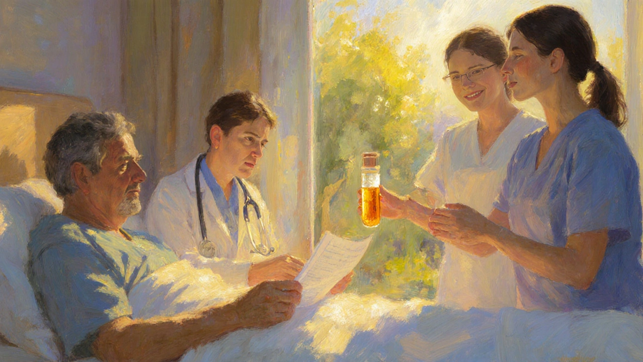 Patient surrounded by caring medical team and researcher, bathed in warm light.