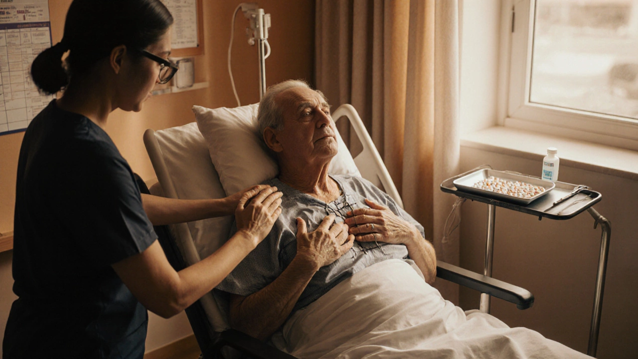 Patient with sternotomy wires receiving breathing exercise guidance from a therapist.