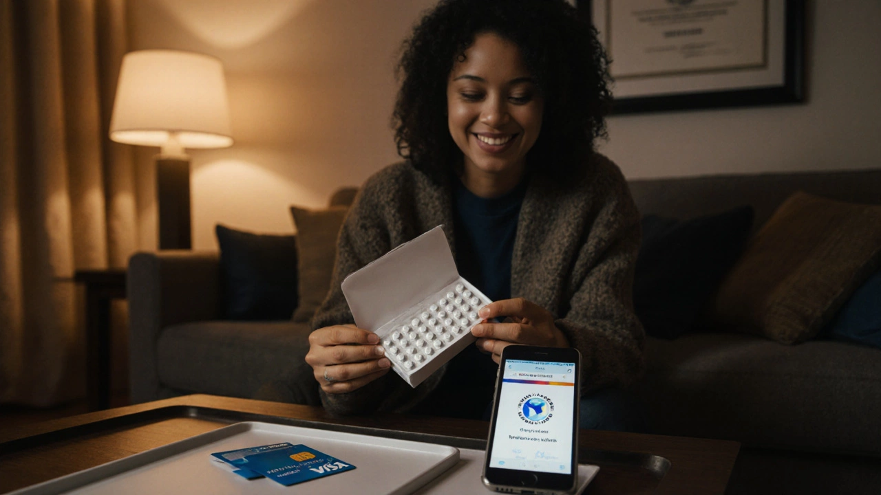 Person happily examining legit medication boxes with a credit card and verified app in a warm-lit room.