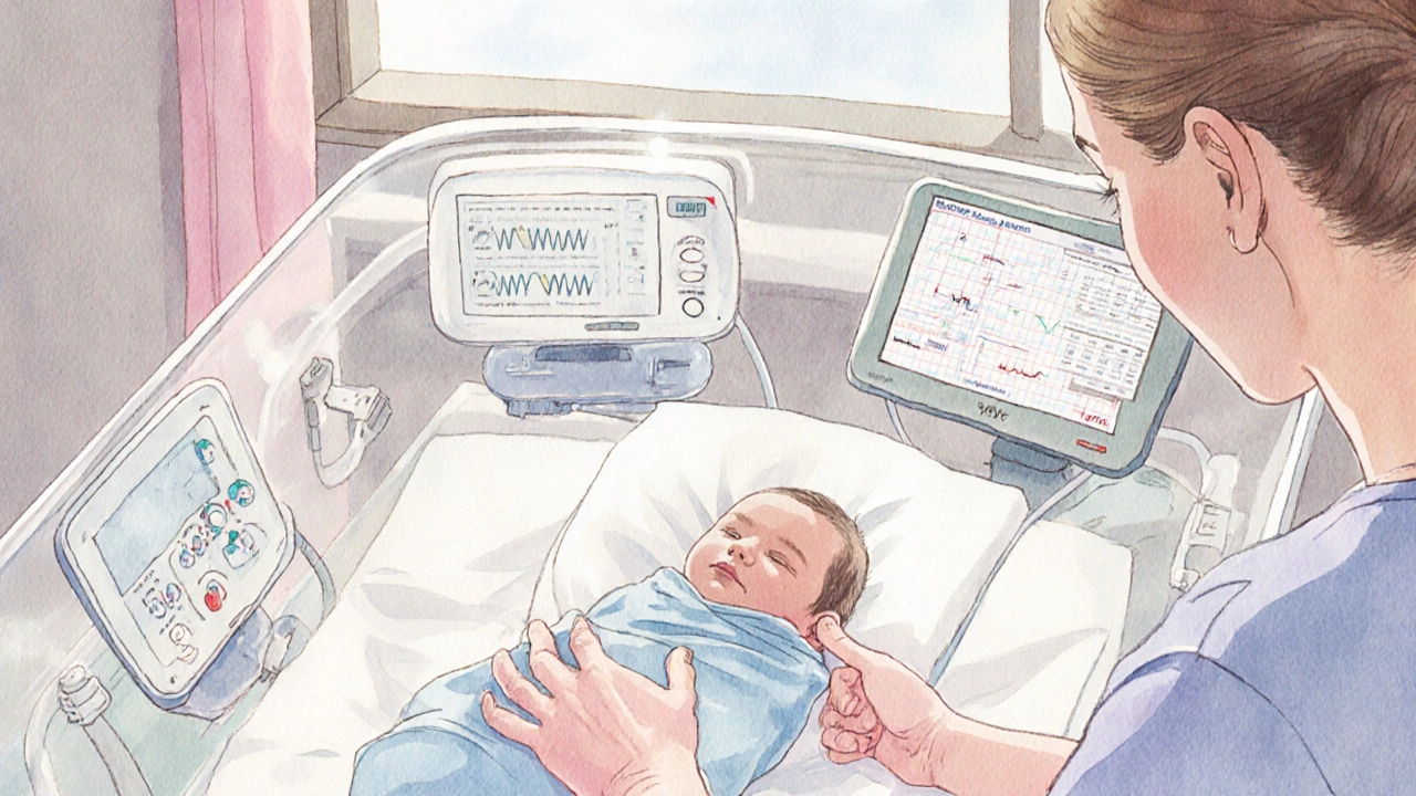 Preterm baby in an incubator being cared for by a nurse and parent’s hand on the glass.