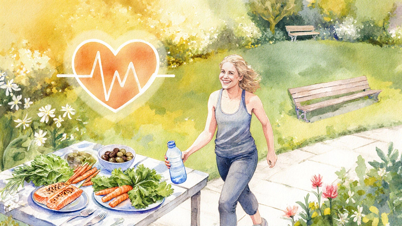 Recovering patient walking in a garden, surrounded by fresh vegetables and a water bottle, symbolizing healthy lifestyle.