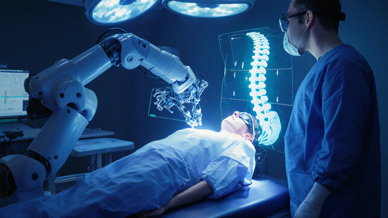 Robotic arm assisting an orthopedic surgeon during spine surgery with navigation system.