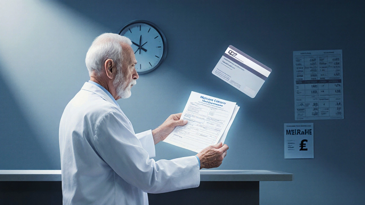 Senior patient and doctor handling a Medicare claim in a Canadian hospital.