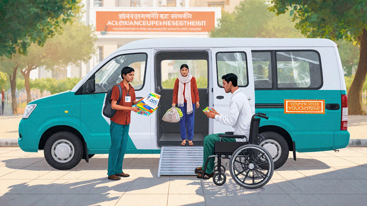 Social worker giving a voucher as a volunteer driver opens a shuttle for a patient.