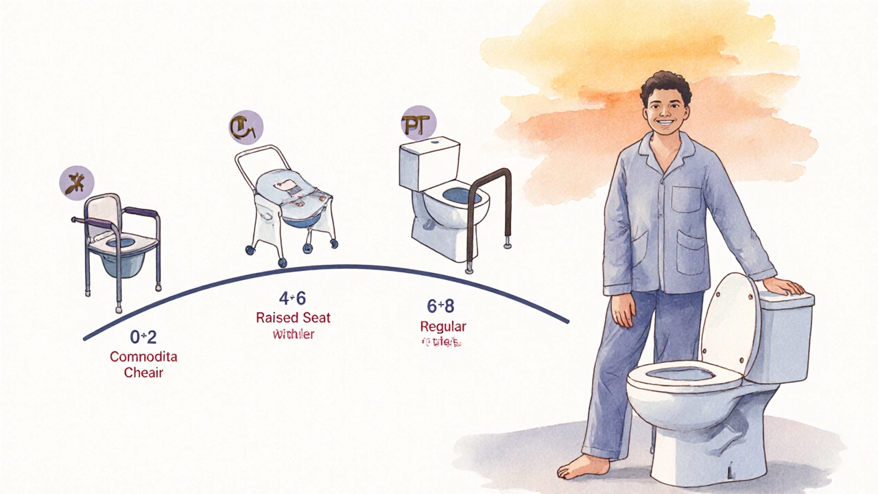Soft watercolor showing a recovery timeline and a confident patient standing by a regular toilet after knee surgery.