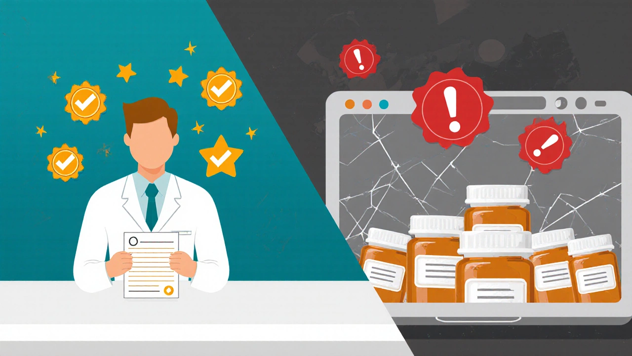 Split illustration contrasting a certified pharmacy with a pharmacist and a shady online shop with cracked seals.