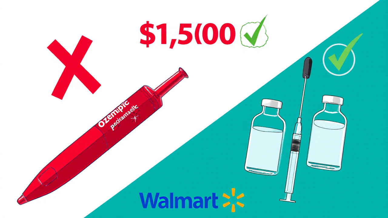 Split image: expensive Ozempic pen vs affordable semaglutide vial with Walmart logo.