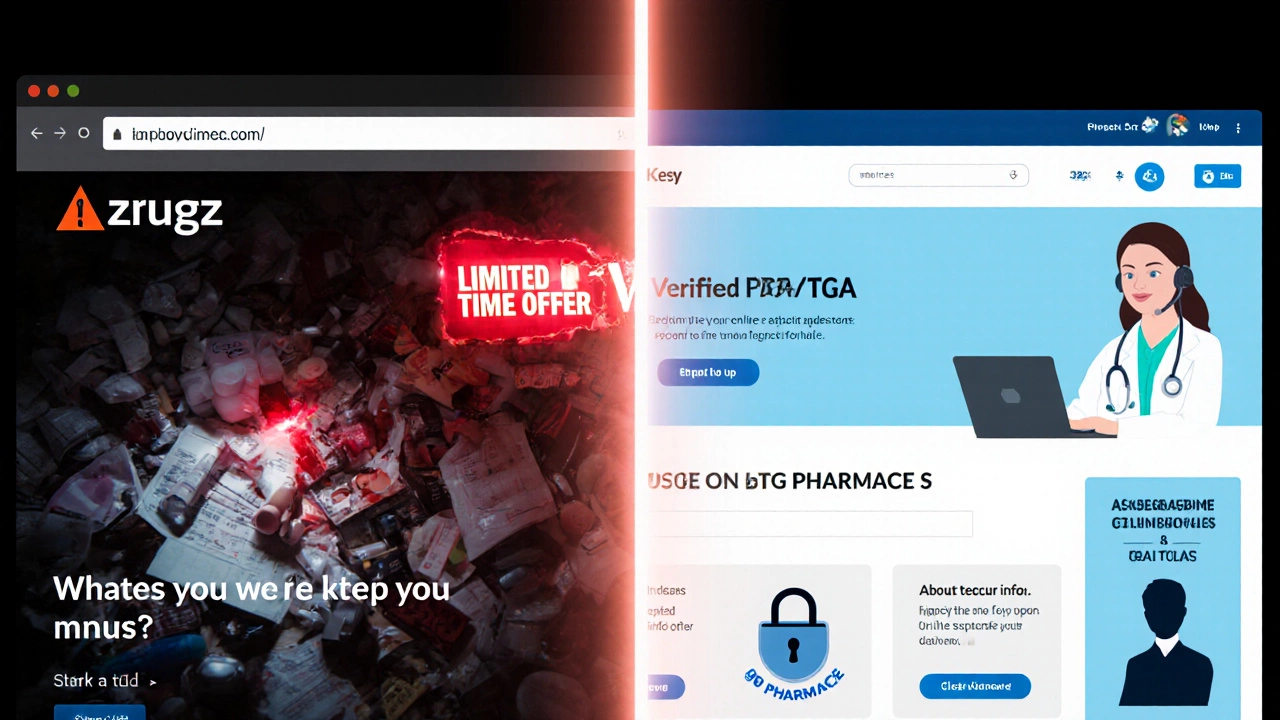 Split screen comparing a shady pharmacy site to a secure, trusted one.