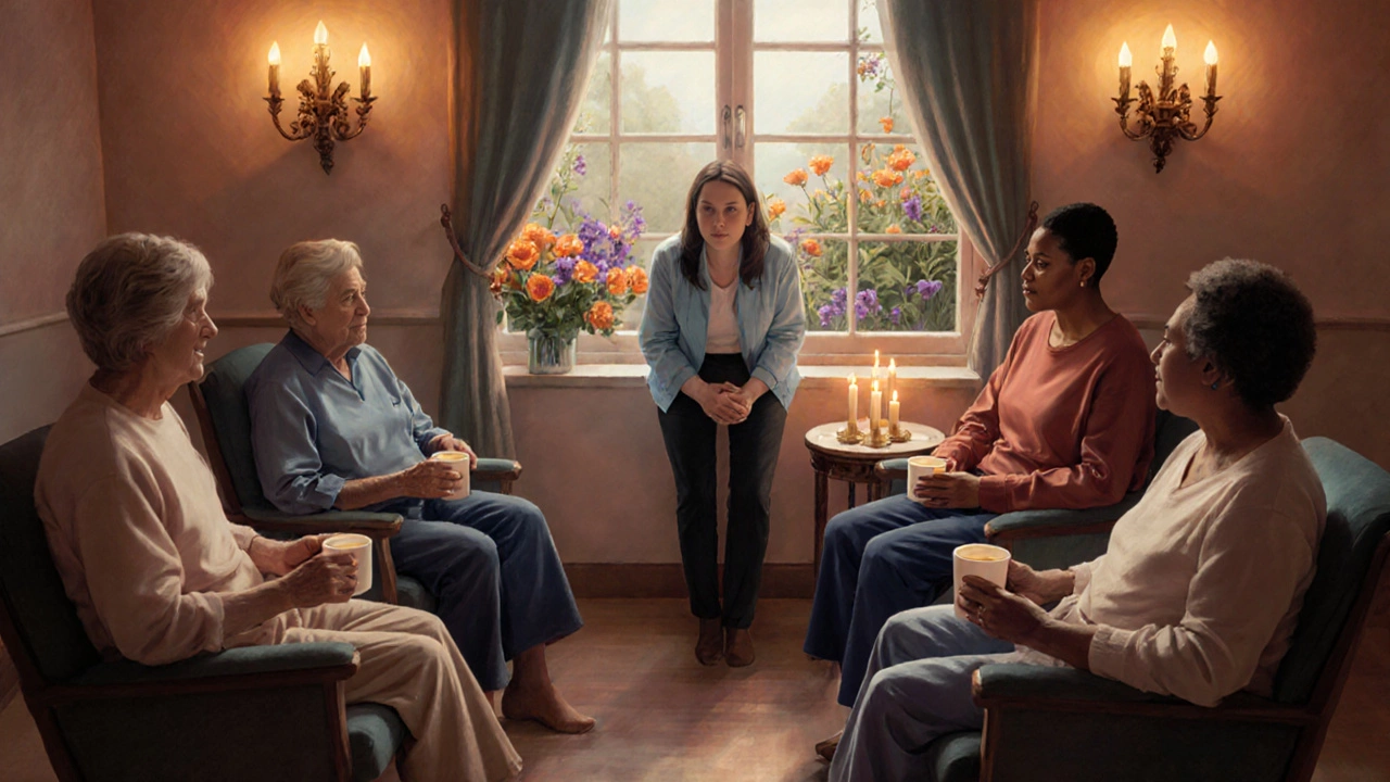 Support group circle sharing stories in a warm, candle-lit hospital chapel.