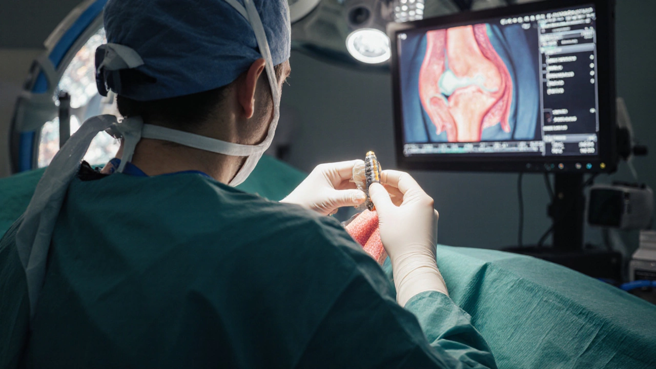 Surgeon performing arthroscopic knee repair with a custom 3‑D printed implant.