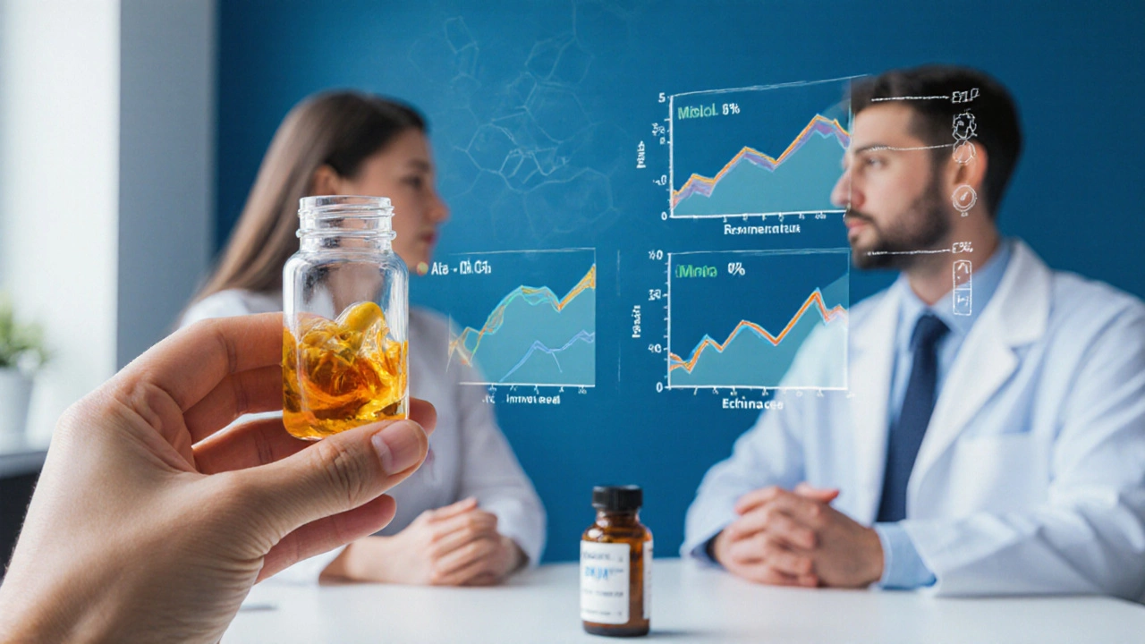 Transparent capsule with plant extracts and scientific data overlay