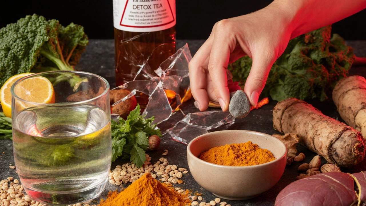 Water, green tea, and turmeric beside whole foods, with a broken &#039;detox tea&#039; bottle in the background.