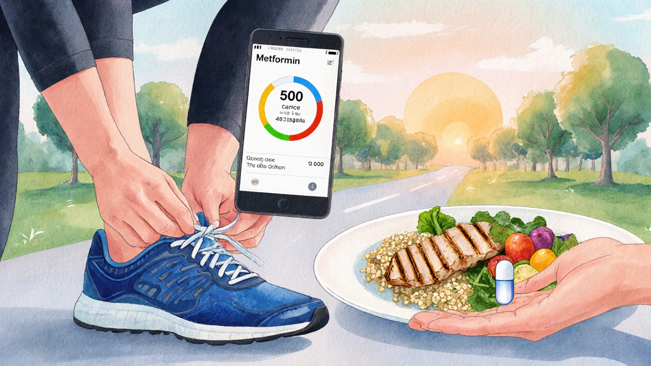Watercolor scene of a person exercising, tracking calories, and eating a healthy meal while holding a Metformin pill.