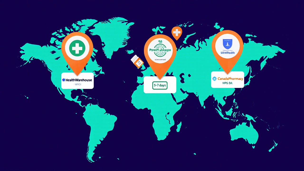 World map showing pins for top legit pharmacies with badges and shipping times.