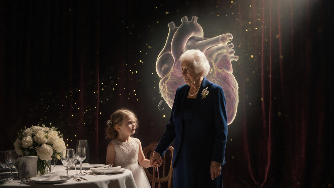 A 94-year-old woman at her granddaughter&#039;s wedding, with a glowing heart valve symbol behind her.