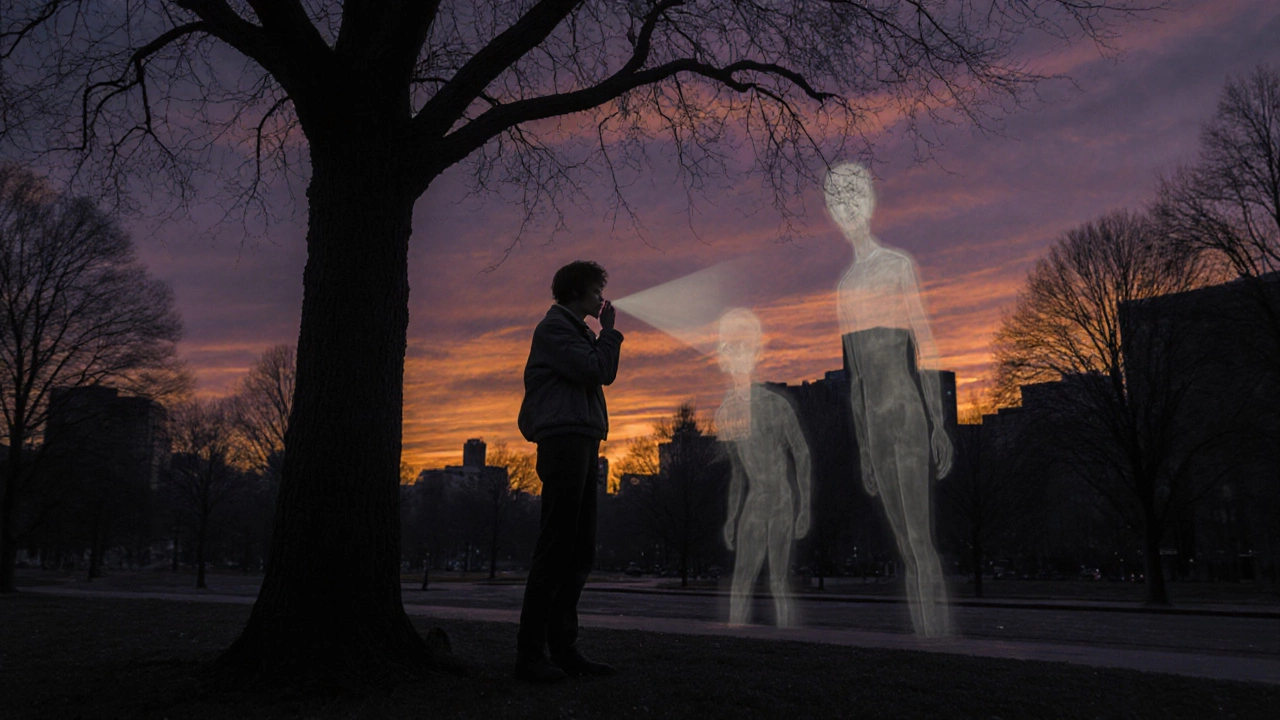 A person whispering to unseen voices in a park at dusk, with faint shadowy figures nearby.