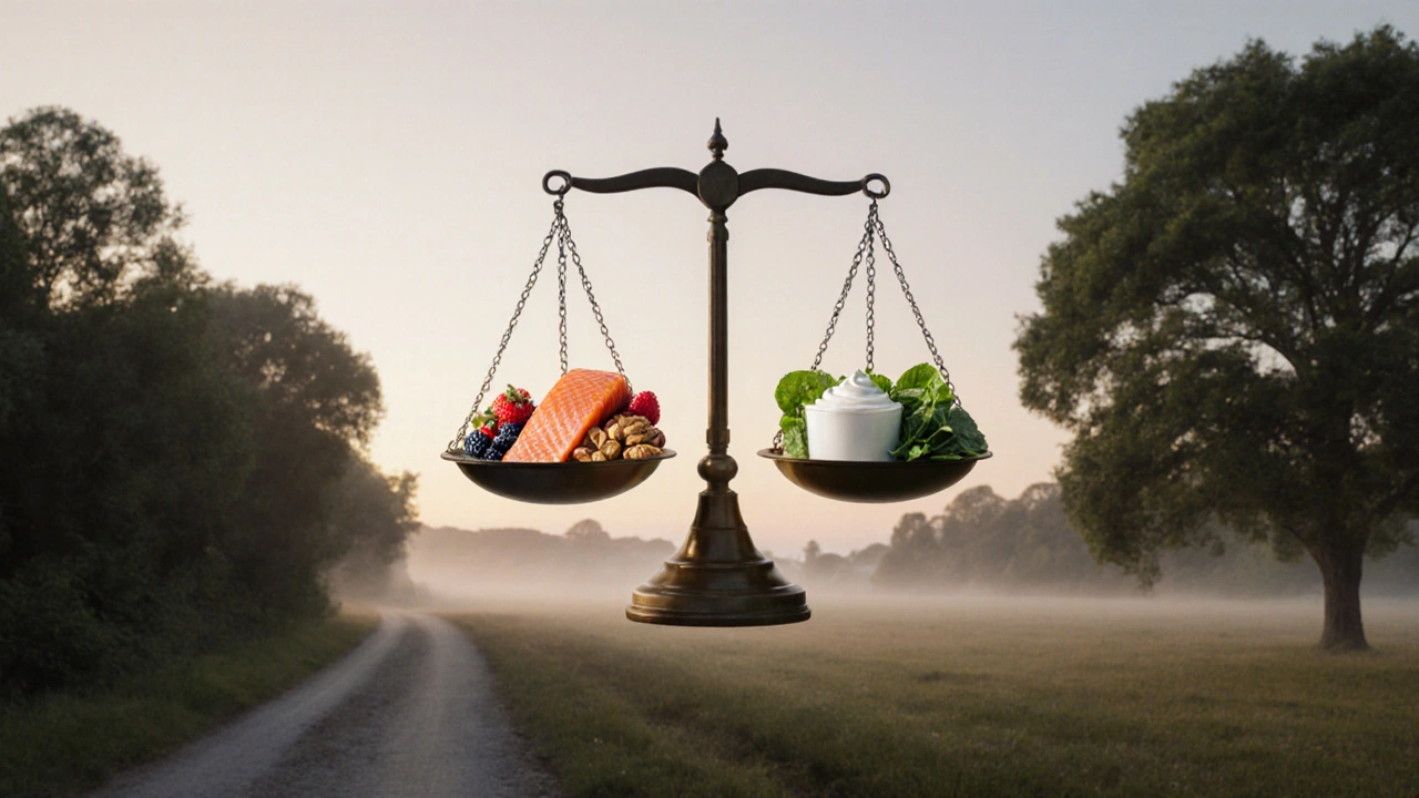 A scale with nutrient-dense whole foods on one side and empty space on the other, symbolizing smart eating for weight loss after 50.