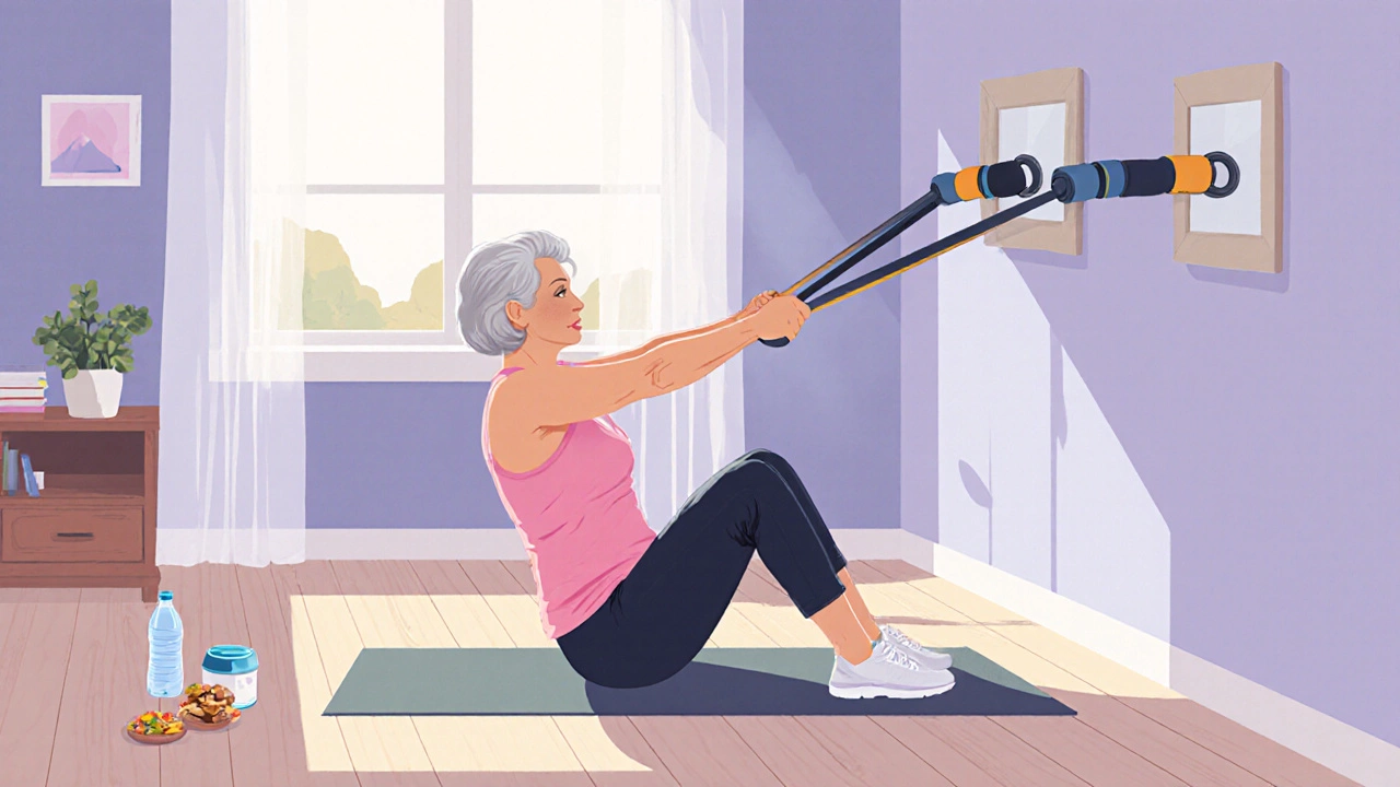 A woman in her 50s doing light resistance training at home with bands and wall push-ups in a sunlit living room.