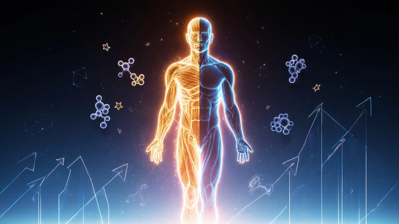 An abstract glowing human figure representing muscle, protein, and movement boosting metabolism.