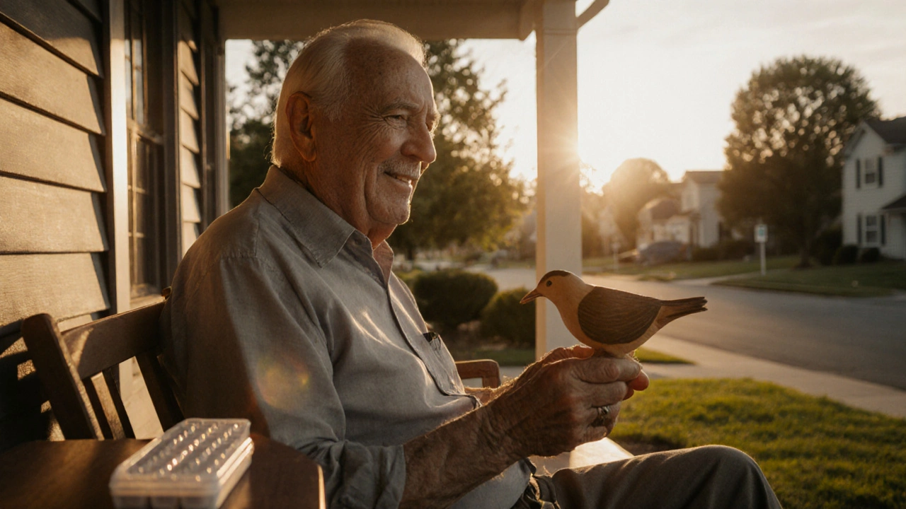 An elderly man on a porch at sunset, holding a wooden bird, pill organizer nearby, radiating calm after years of recovery.