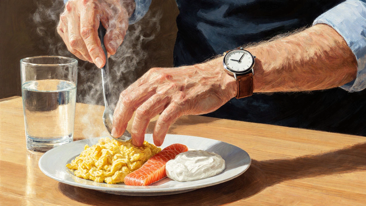 An older man eating a high-protein breakfast of eggs, salmon, and yogurt at a wooden table.