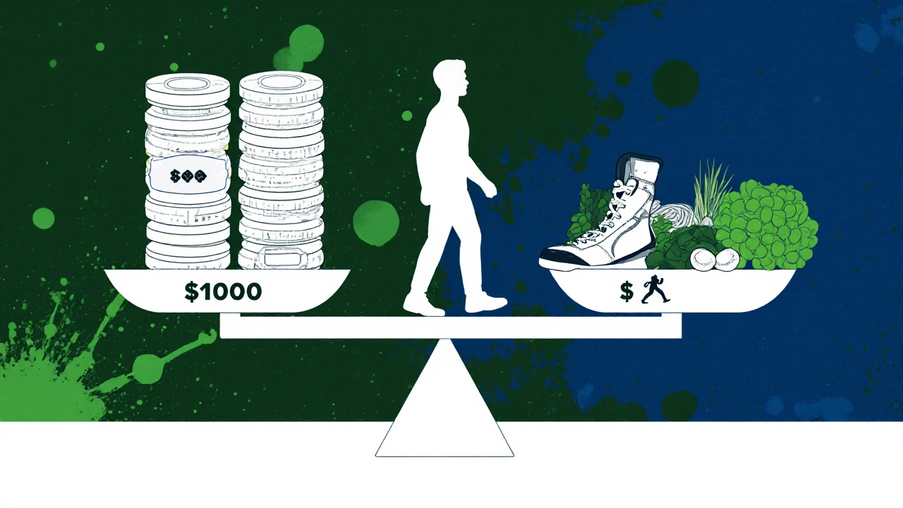 Balanced scale comparing costly diabetes pills with affordable meds, shoes, and vegetables.
