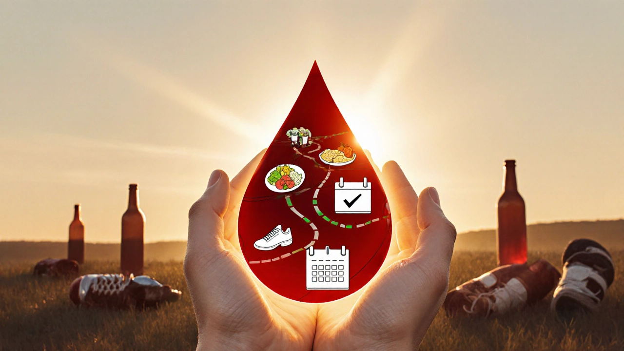 Blood drop transforming into a health roadmap with sunlight and walking shoes